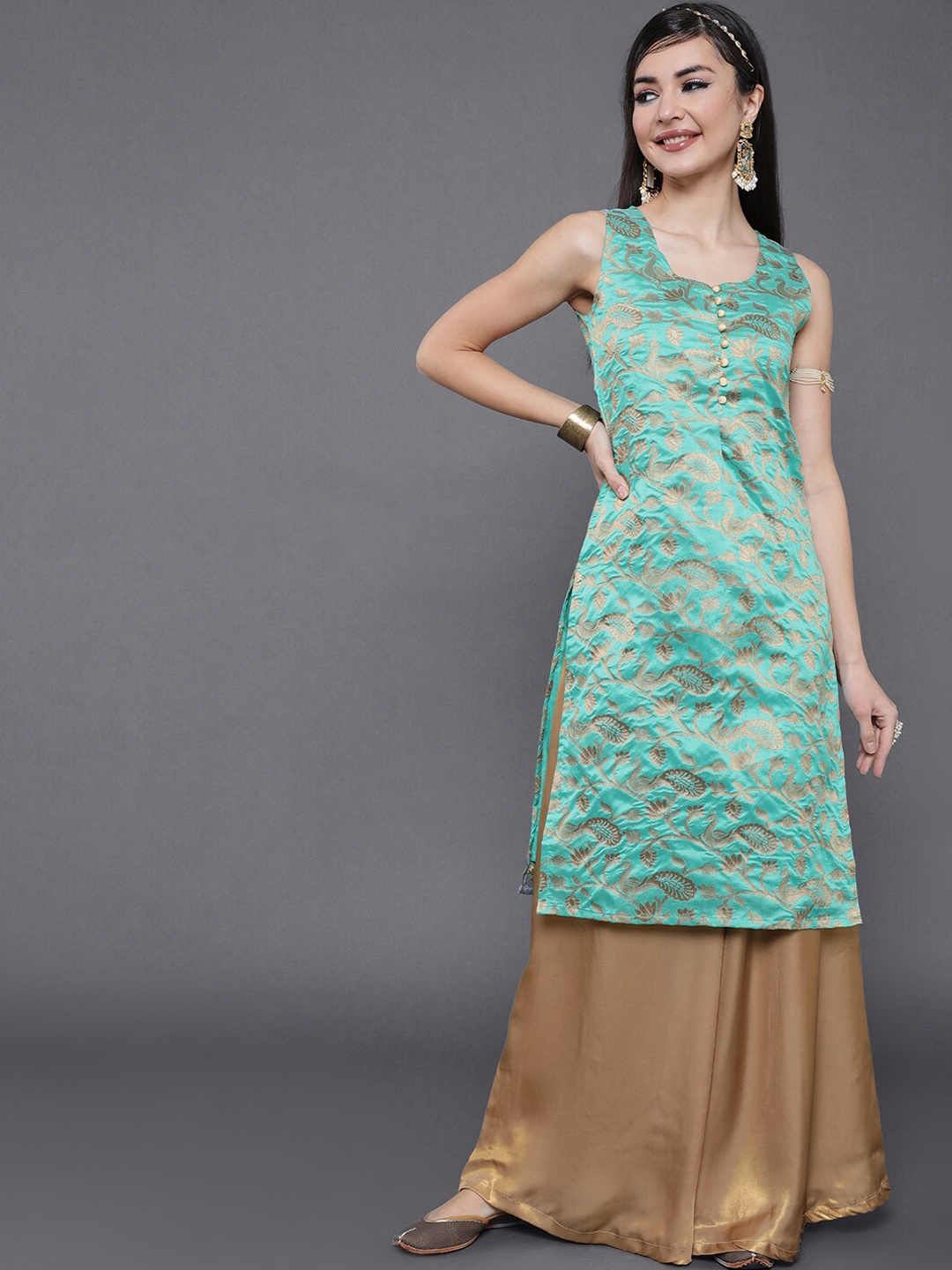 

saubhagya Women Woven Design Silk Kurta, Sea green
