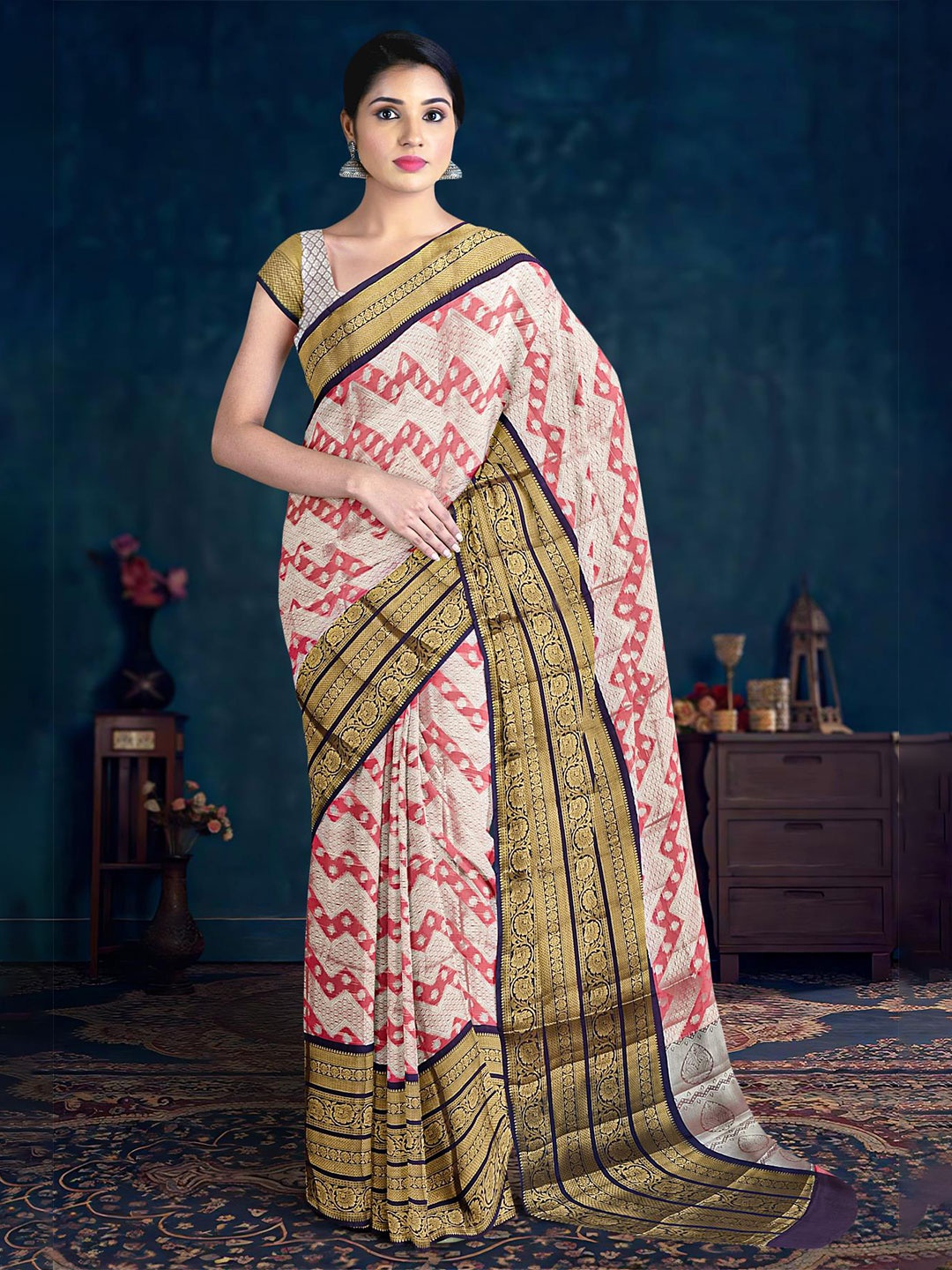 

Kalamandir Ethnic Motifs Woven Design Zari Saree, Coral