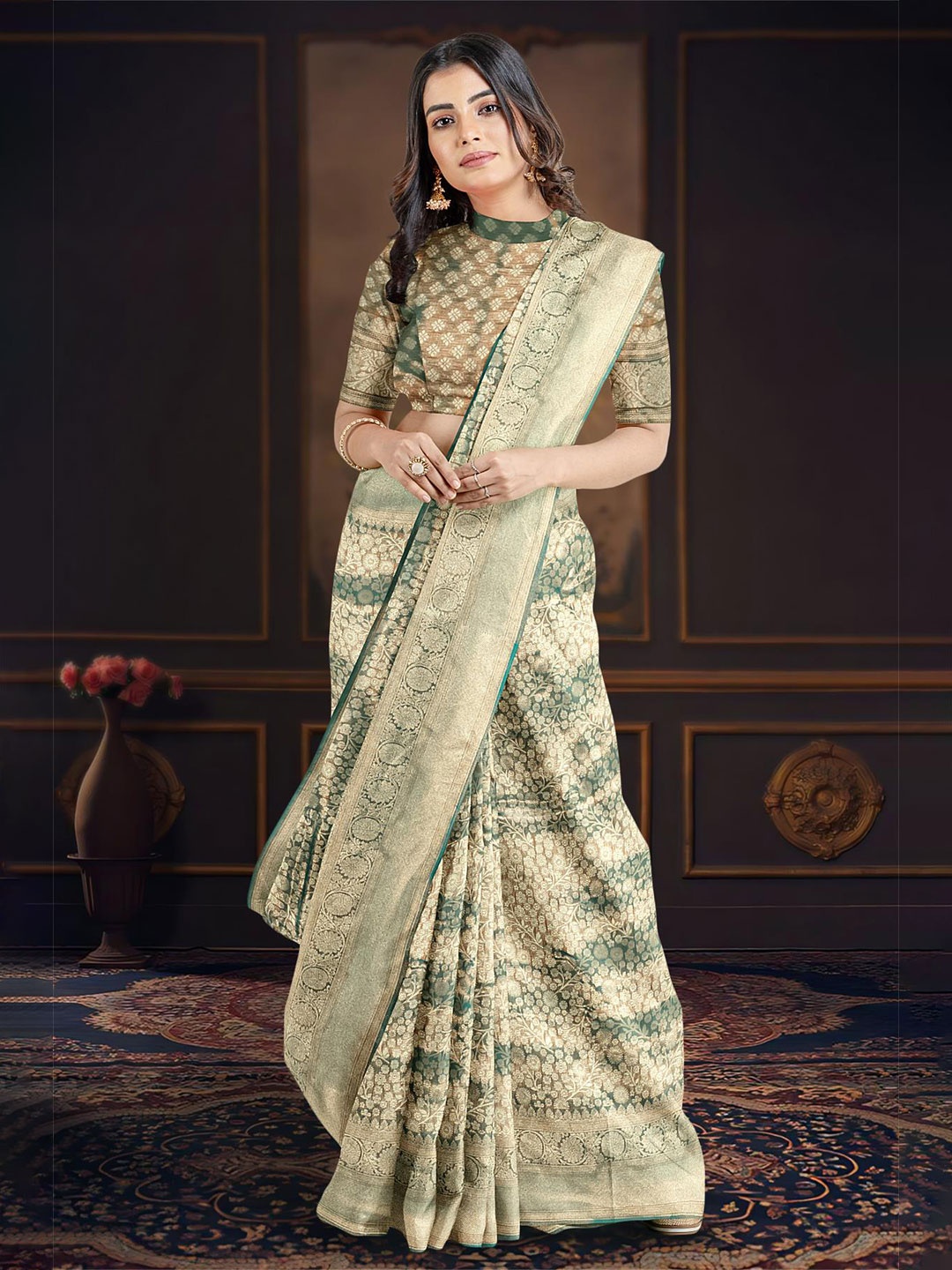 

Kalamandir Floral Motif Woven Design Zari Saree, Teal