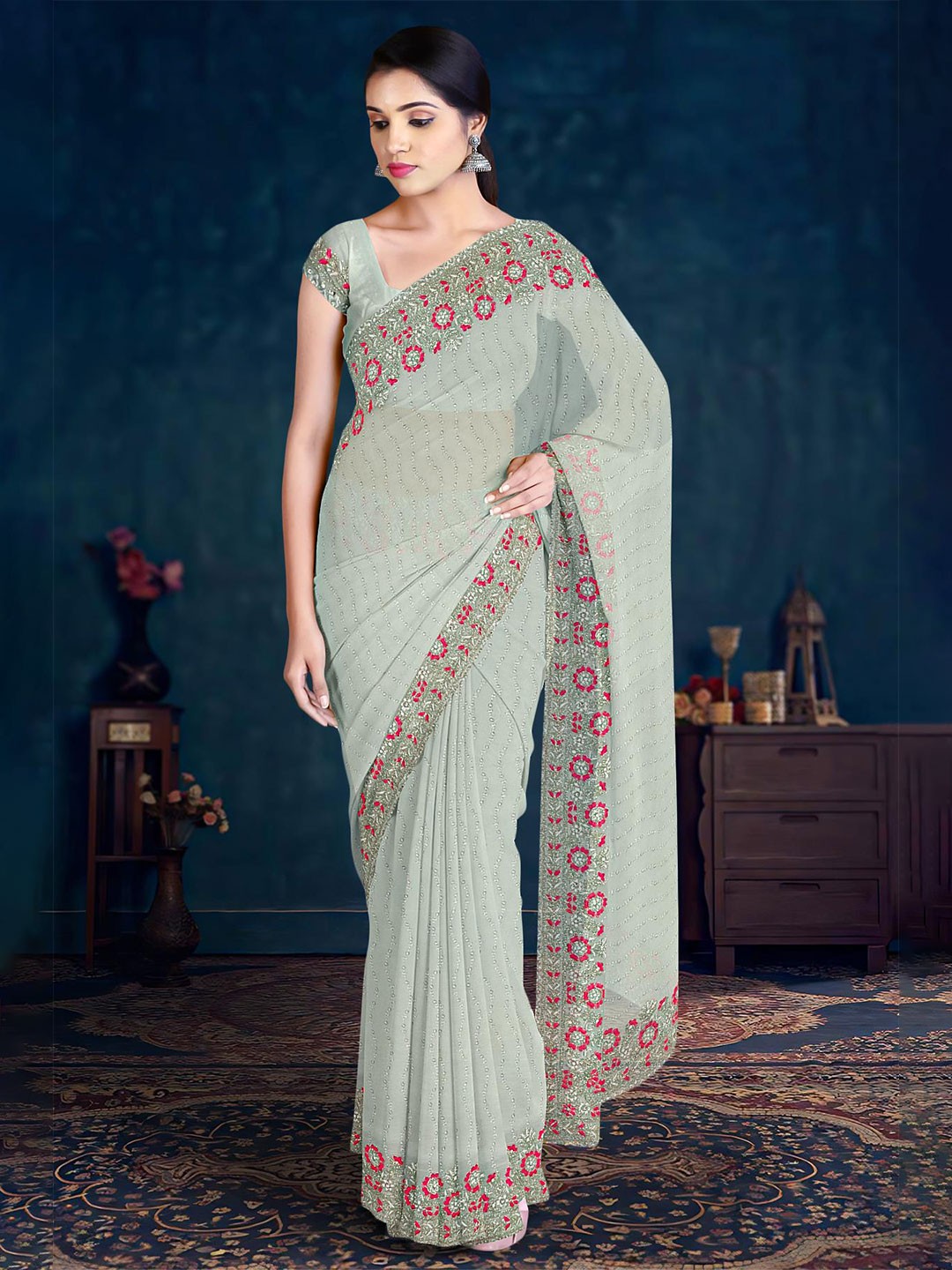 

Kalamandir Embellished Beads & Stone Work Heavy Work Saree, Grey