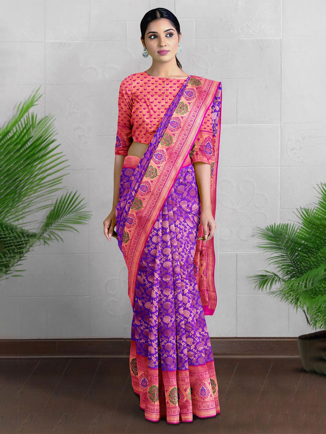 

Kalamandir Floral Zari Silk Blend Saree, Violet