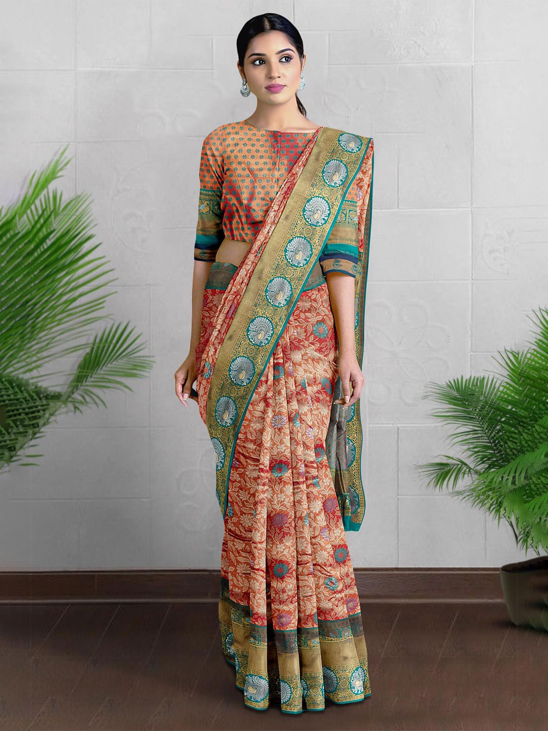 

Kalamandir Floral Printed Zari Detailed Saree, Rust