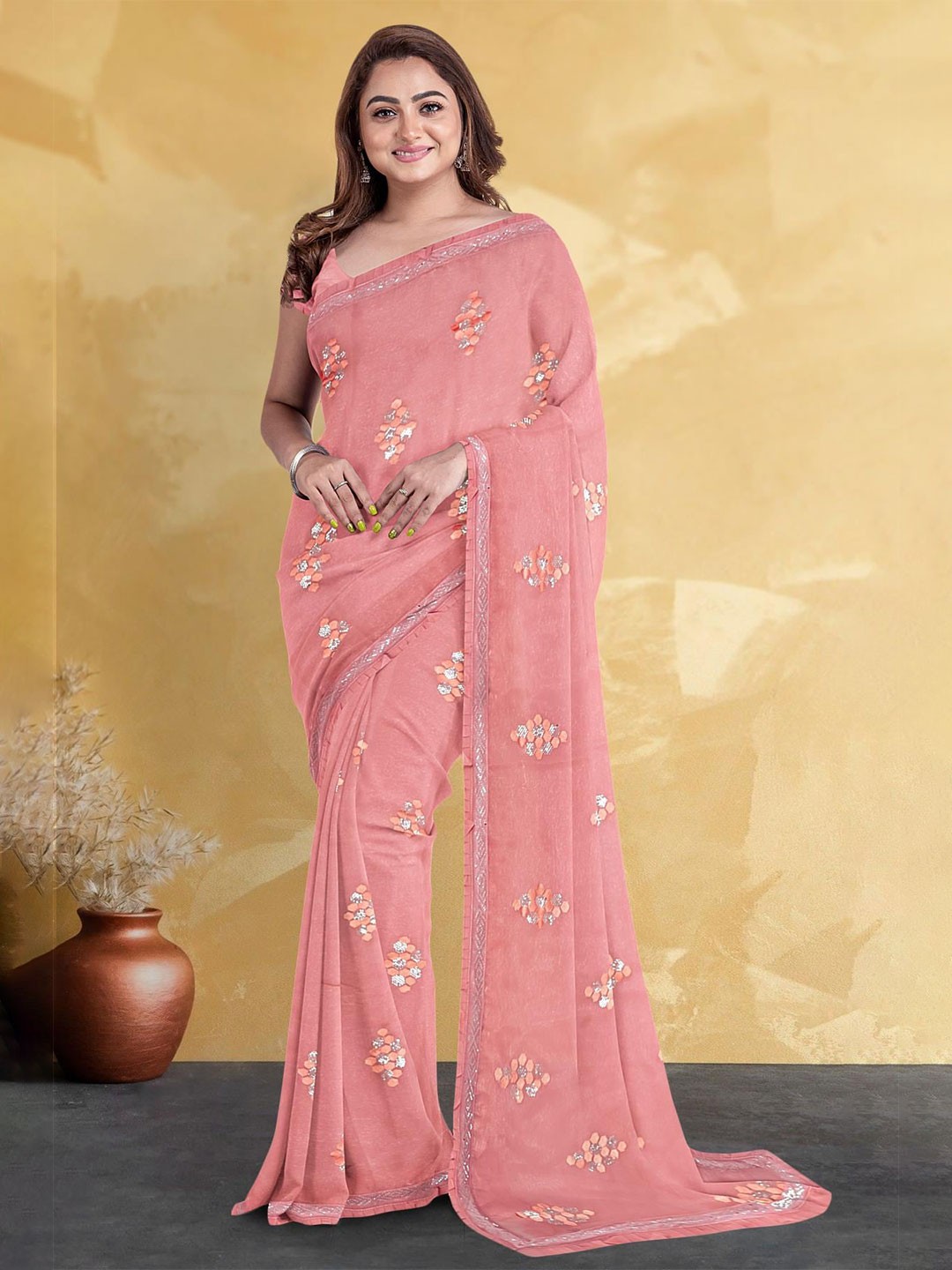 

Kalamandir Geometric Printed Embellished Border Saree, Pink