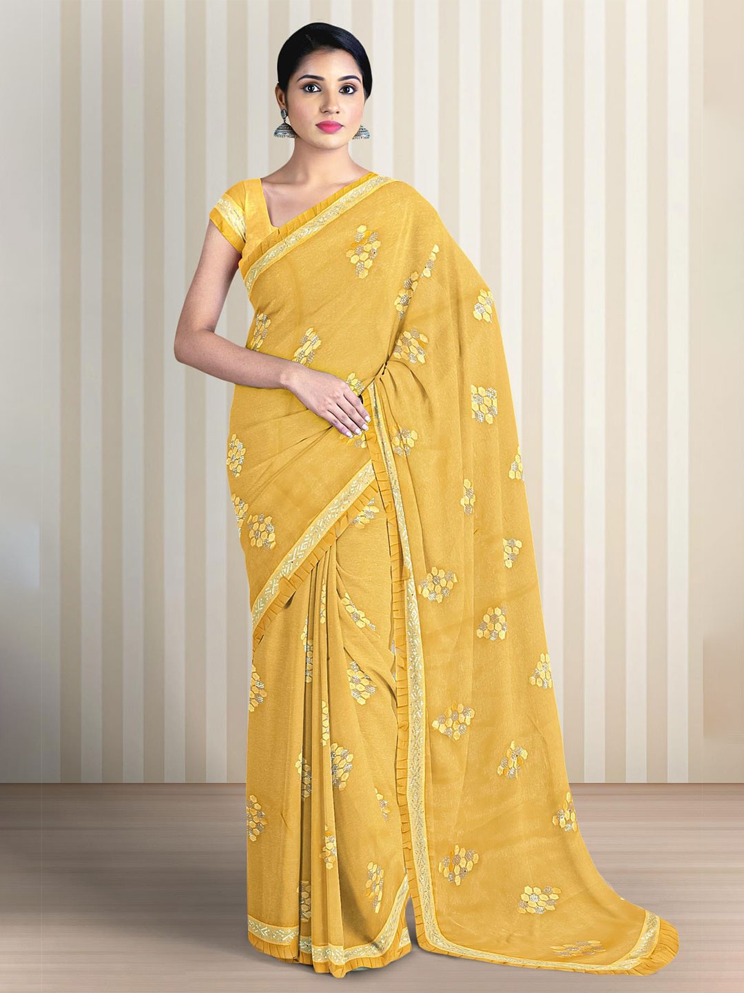 

Kalamandir Geometric Woven Design Embellished Border Saree, Mustard