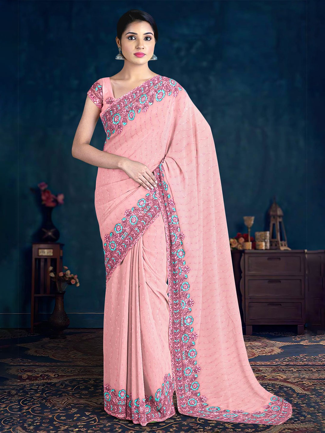 

Kalamandir Floral Embroidered Saree, Pink