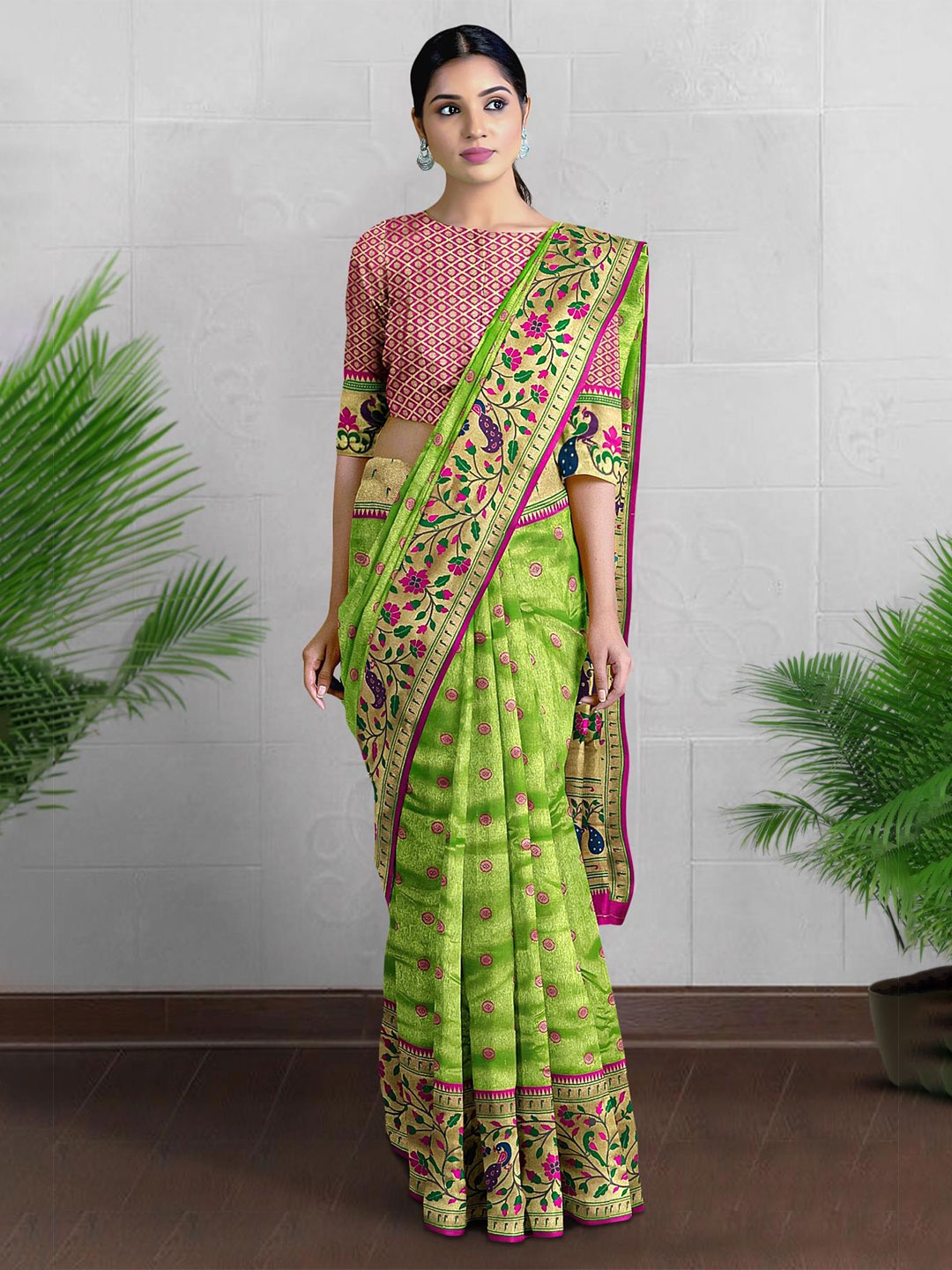 

Kalamandir Polka Dot Woven Design Zari Tissue Saree, Green