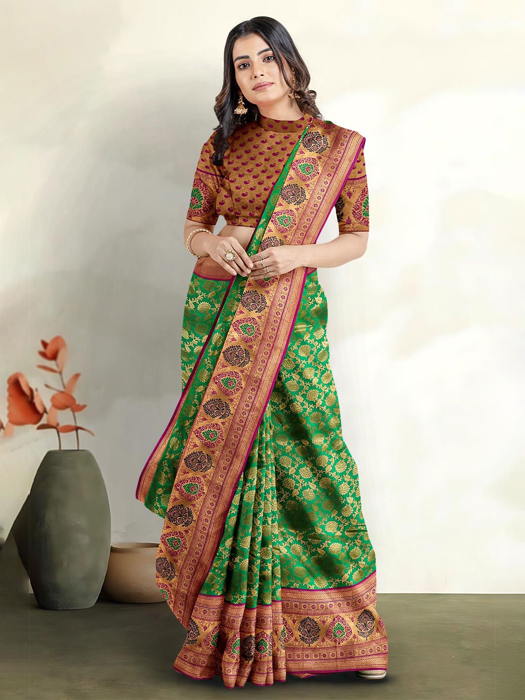 

Kalamandir Floral Motif Woven Design Zari Tissue Saree, Green