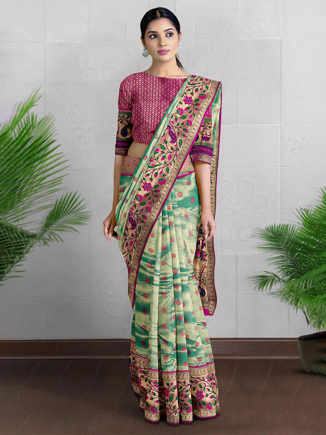 

Kalamandir Polka Dot Woven Design Zari Tissue Saree, Sea green