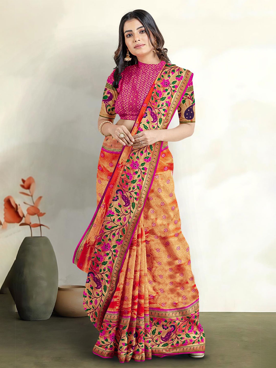 

Kalamandir Polka Dot Woven Design Zari Tissue Saree, Orange
