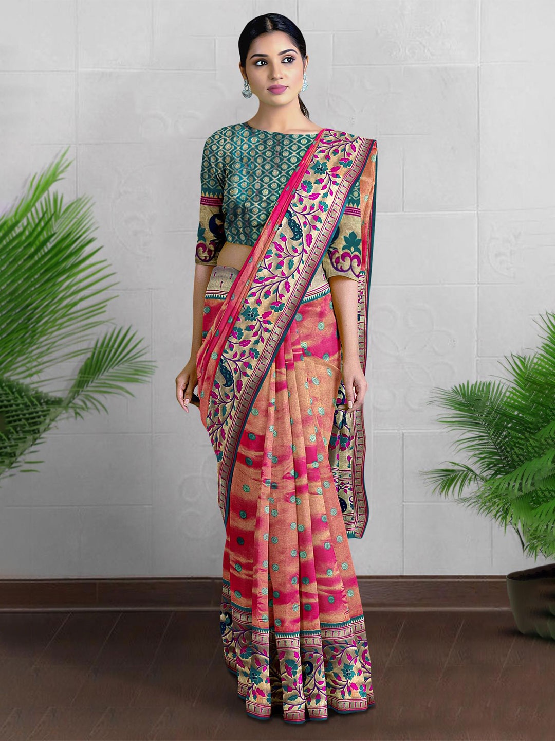 

Kalamandir Polka Dot Woven Design Zari Tissue Saree, Pink