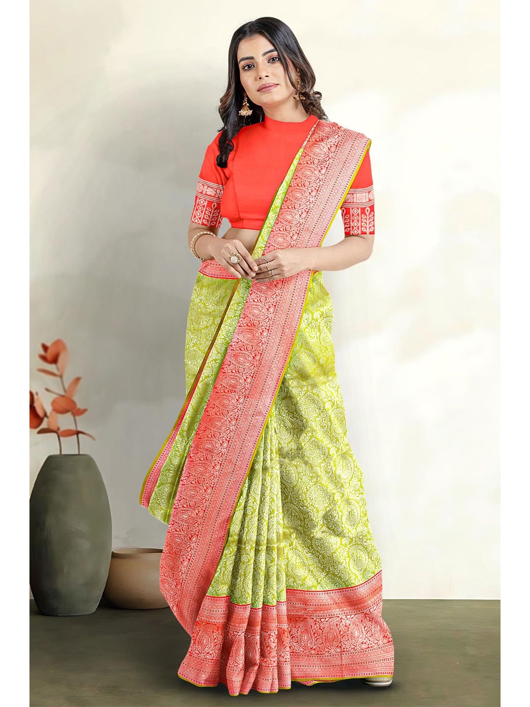 

Kalamandir Paisley Motif Woven Design Zari Saree, Olive