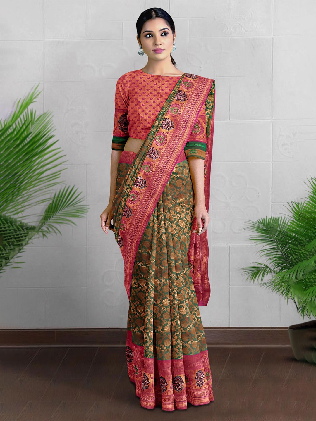 

Kalamandir Ethinic Motif Zari Tissue Saree, Olive