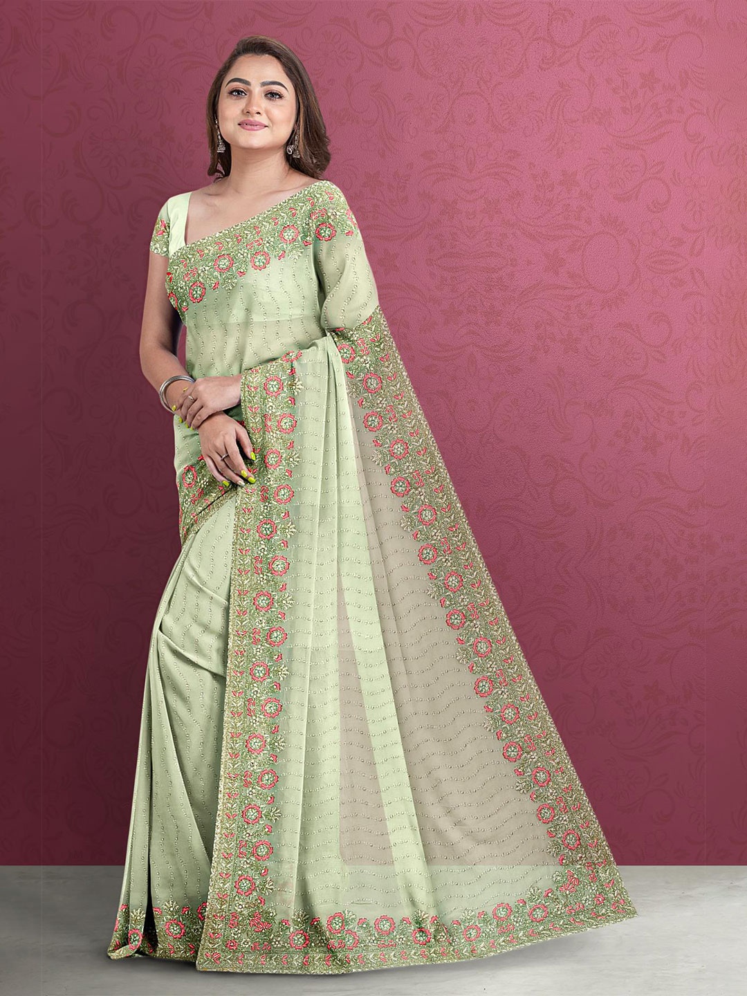 

Kalamandir Embellished Embroidered Silk Blend Saree, Olive