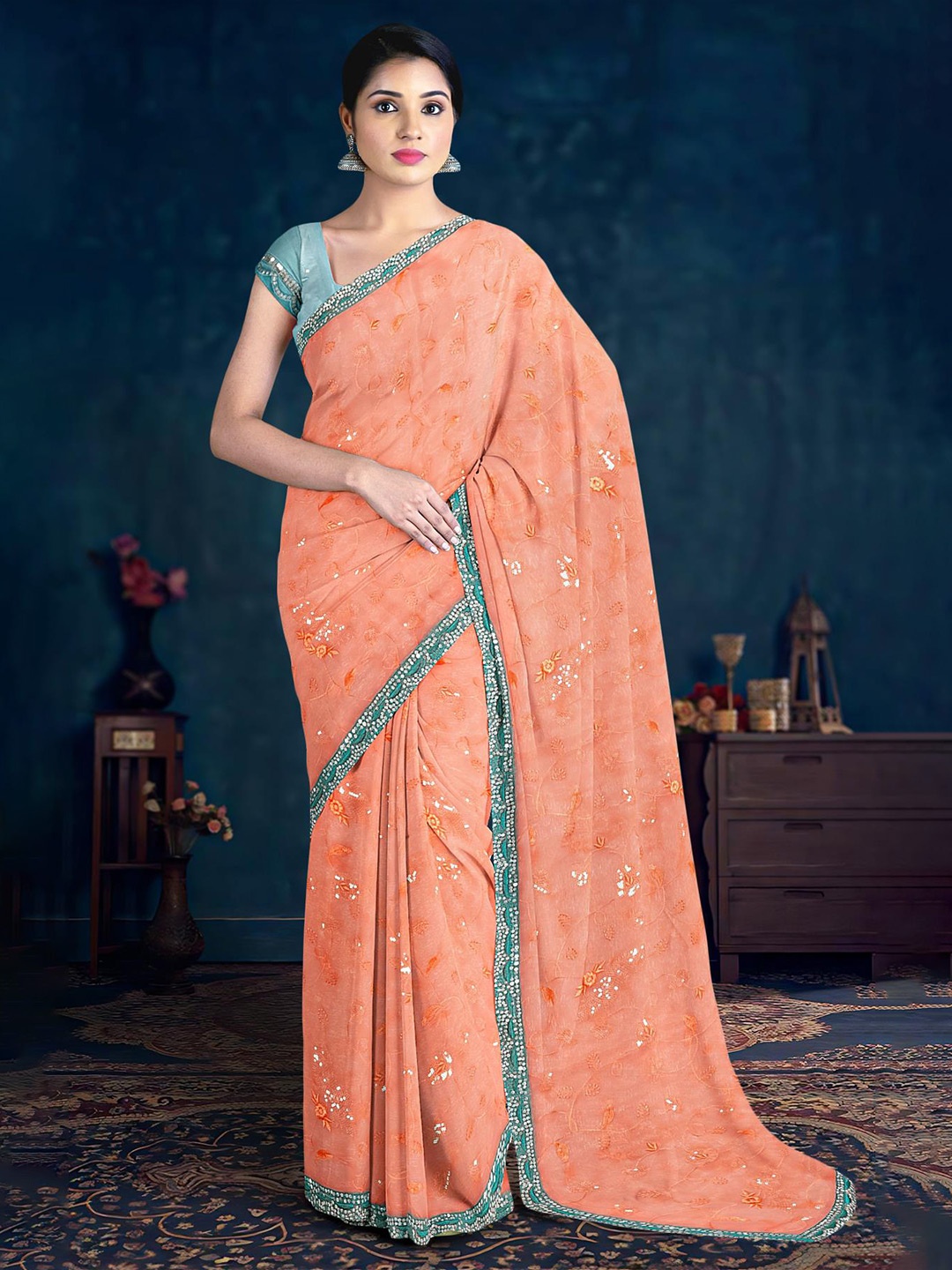 

Kalamandir Floral Embroidered Saree, Orange