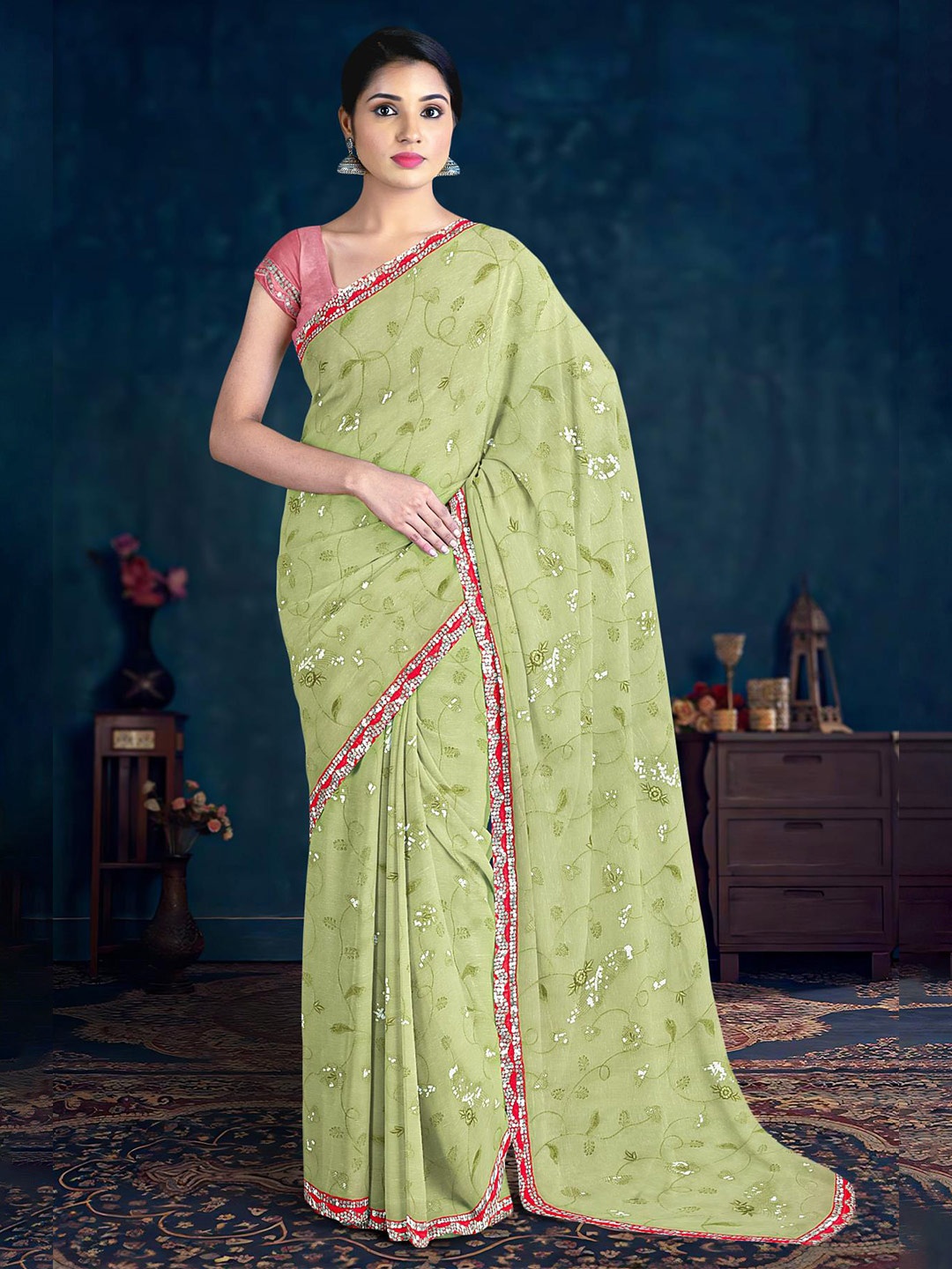 

Kalamandir Embroidered Embellished Detail Silk Blend Saree, Lime green