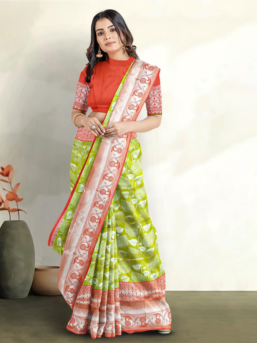 

Kalamandir Woven Design Zari Saree, Lime green