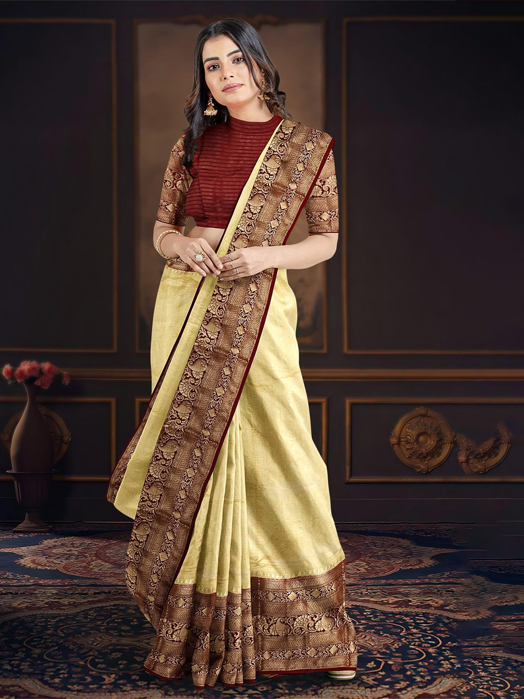 

Kalamandir Woven Design Zari Silk Blend Saree, Cream