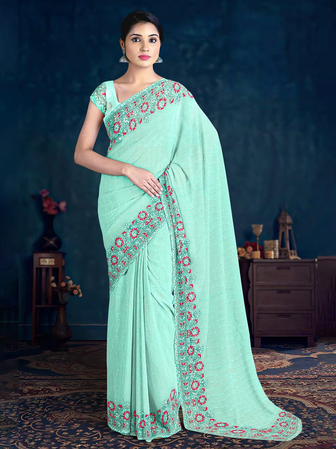 

Kalamandir Embellished Embroidered Saree, Green