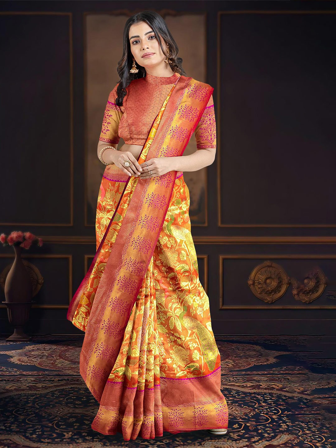 

Kalamandir Woven Design Zari Tissue Saree, Orange