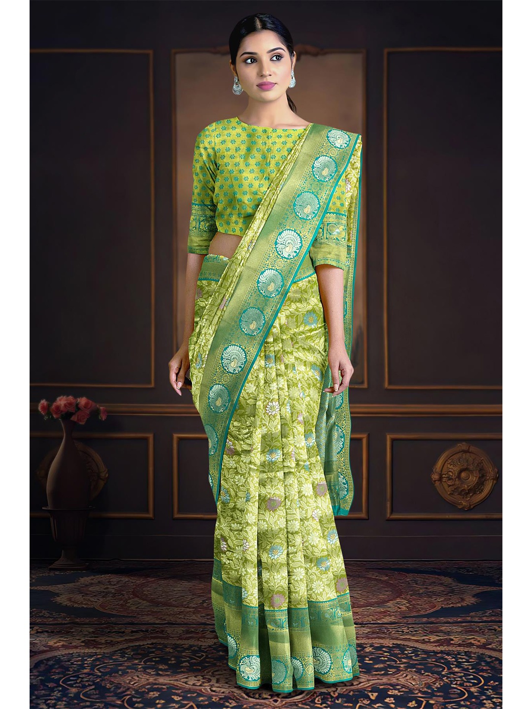 

Kalamandir Woven Design Floral Zari Silk Blend Saree, Green