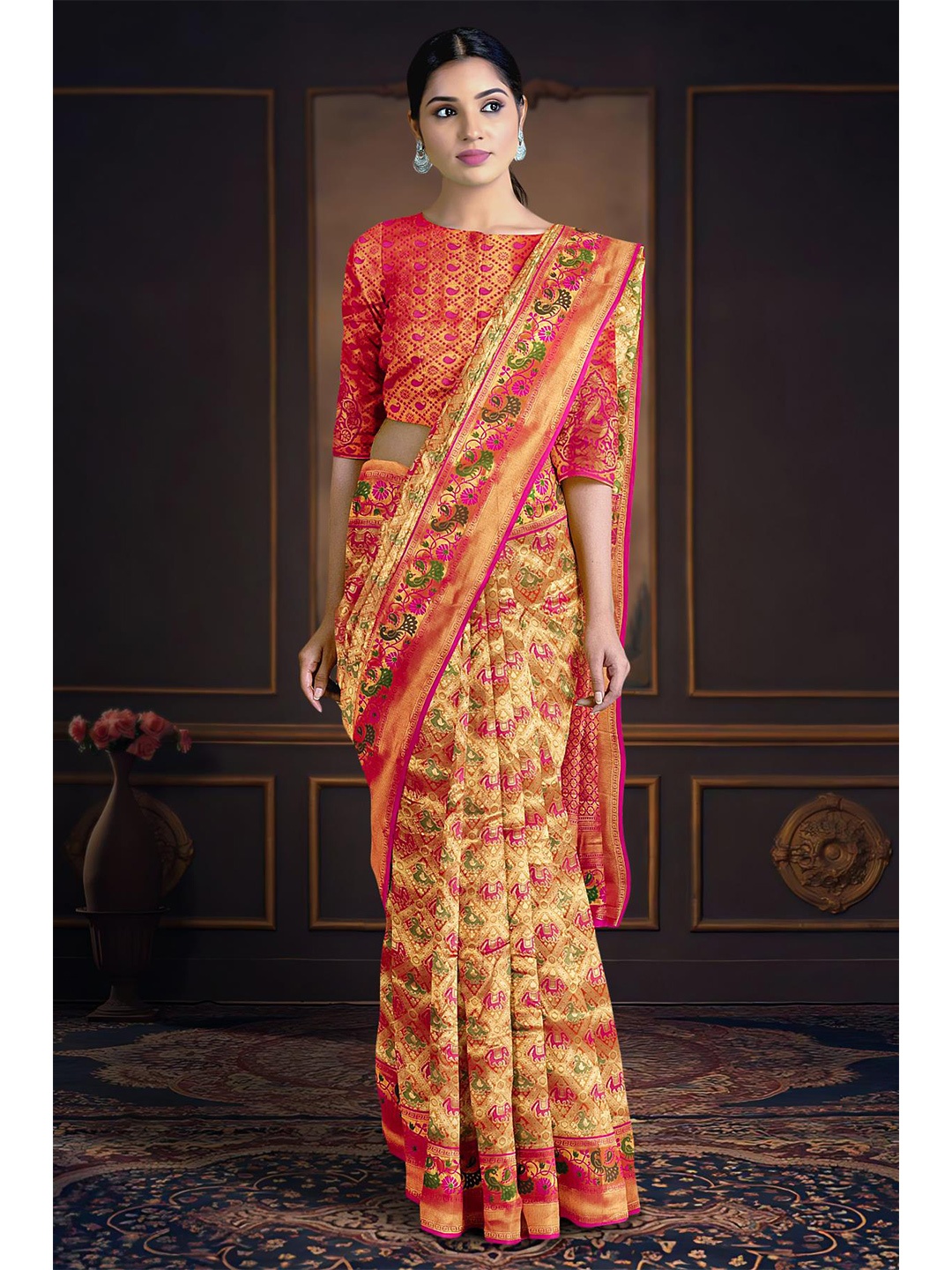 

Kalamandir Ethnic Motifs Zari Tissue Saree, Gold