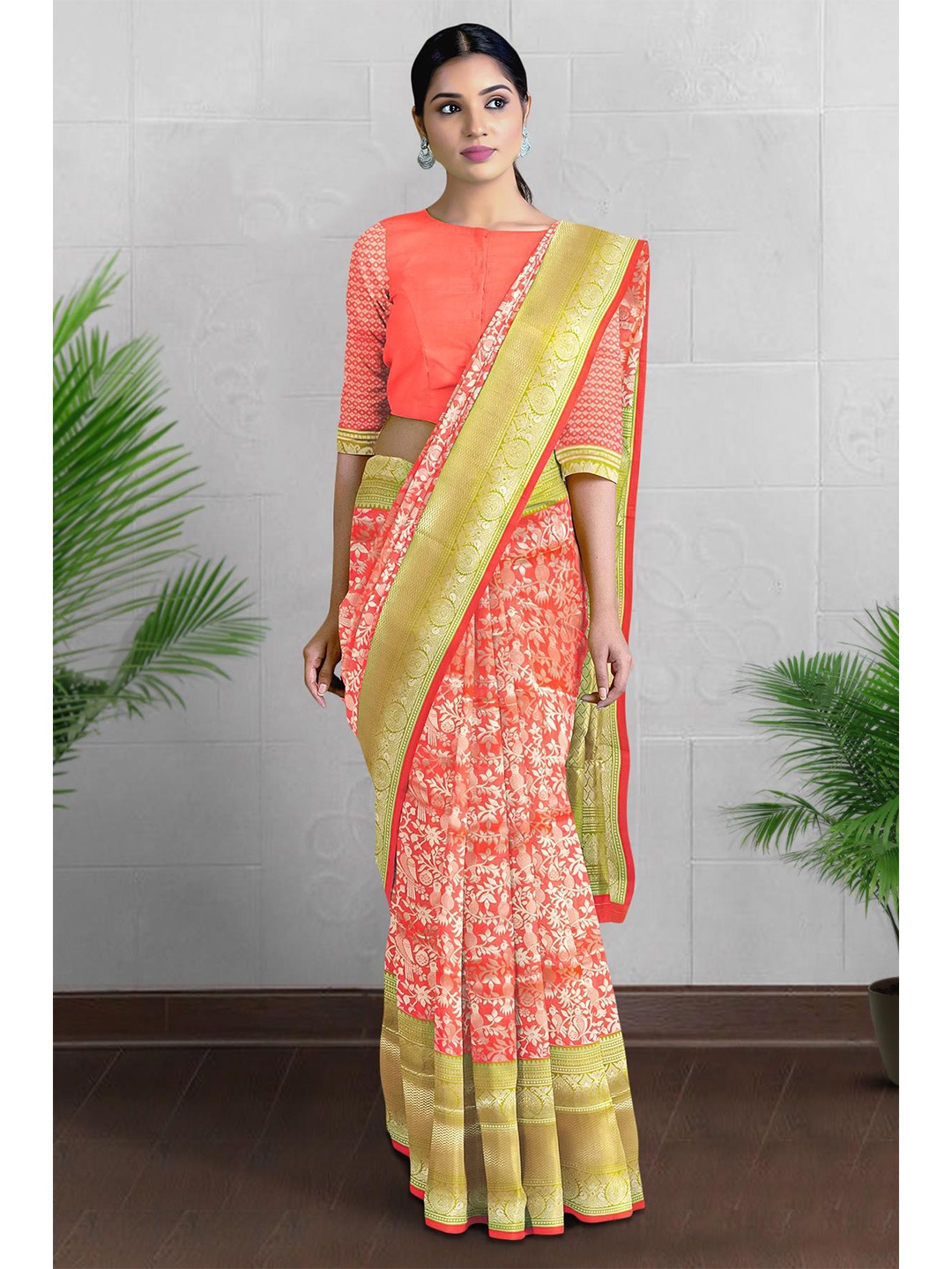 

Kalamandir Woven Design Zari Saree, Coral