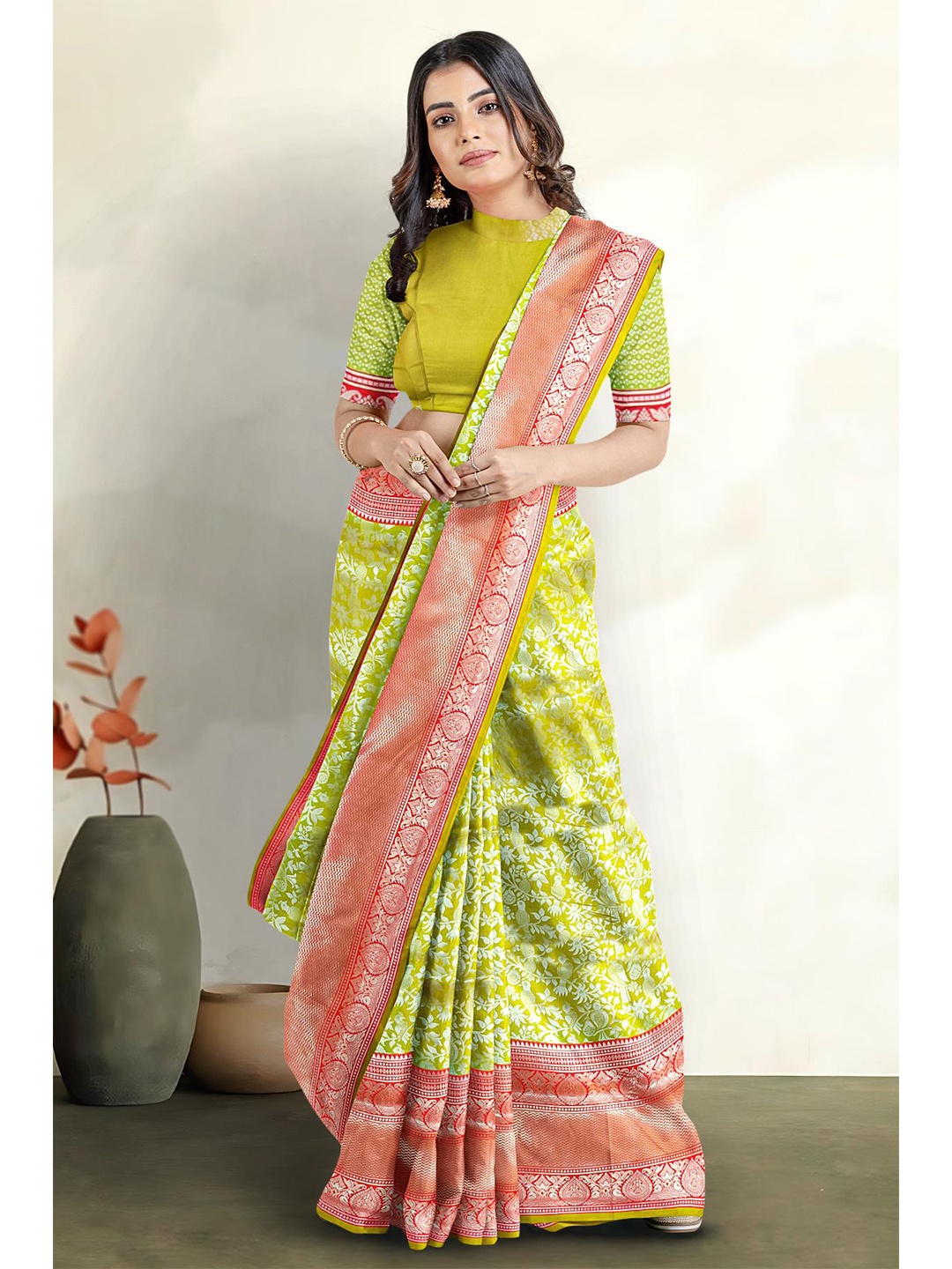 

Kalamandir Woven Design Zari Saree, Lime green