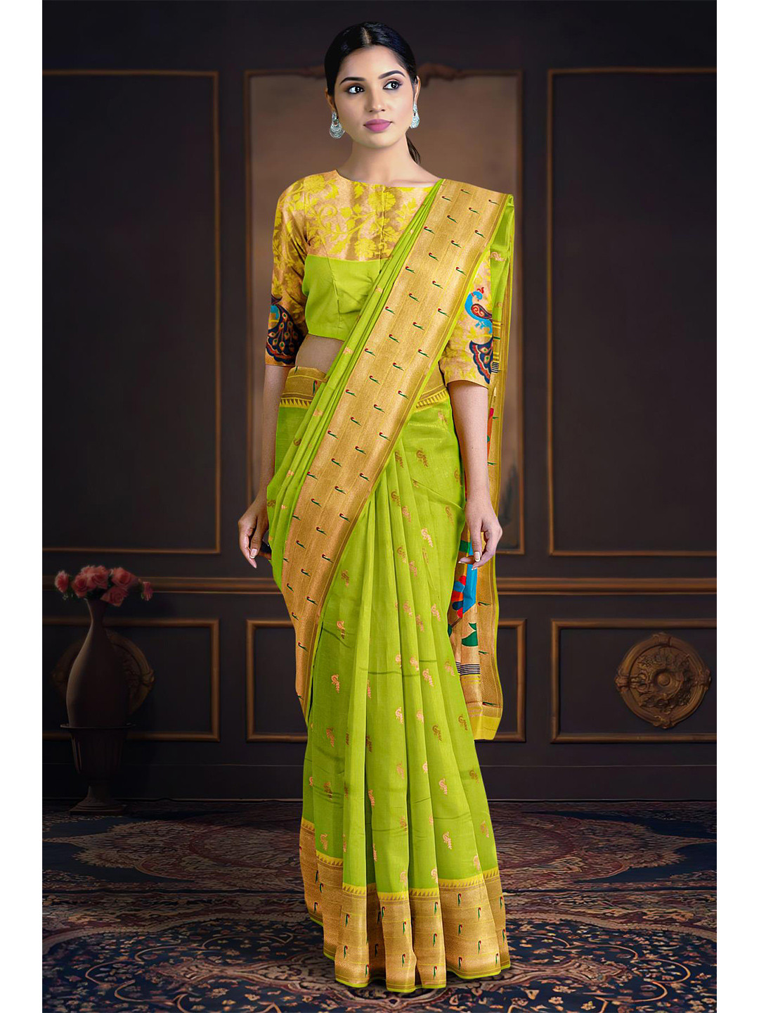 

Kalamandir Woven Design Zari Saree, Lime green
