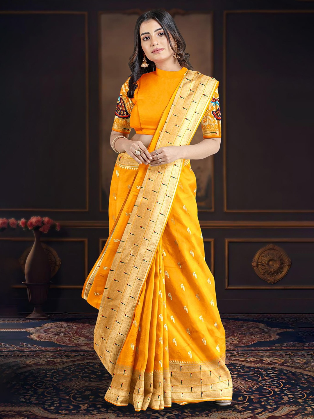 

Kalamandir Woven Design Zari Paithani Saree, Yellow