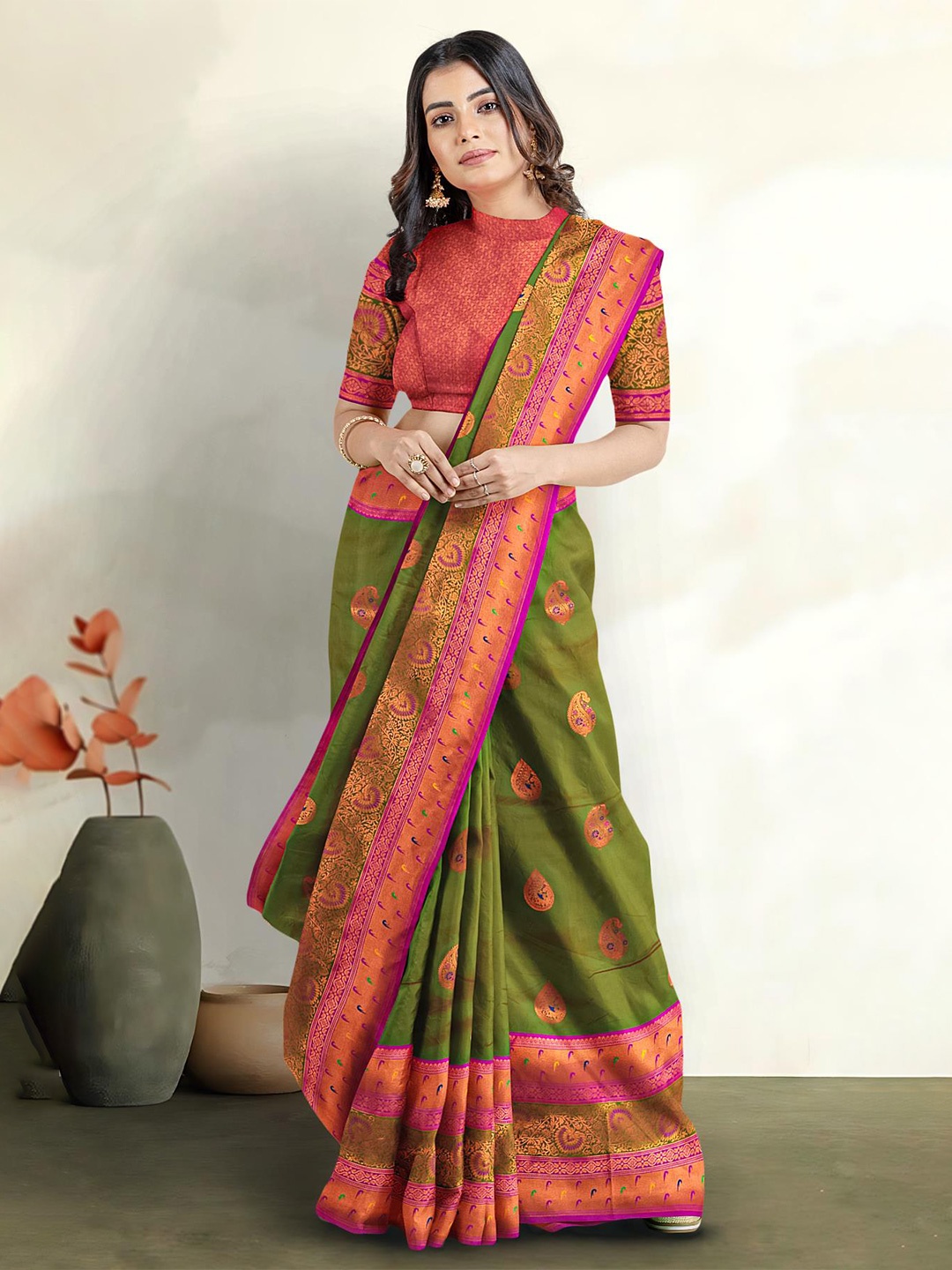 

Kalamandir Woven Design Zari Tissue Saree, Olive