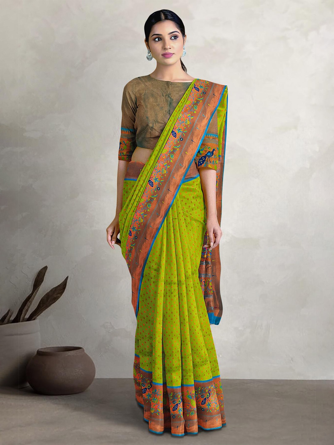 

Kalamandir Woven Design Zari Tissue Saree, Olive
