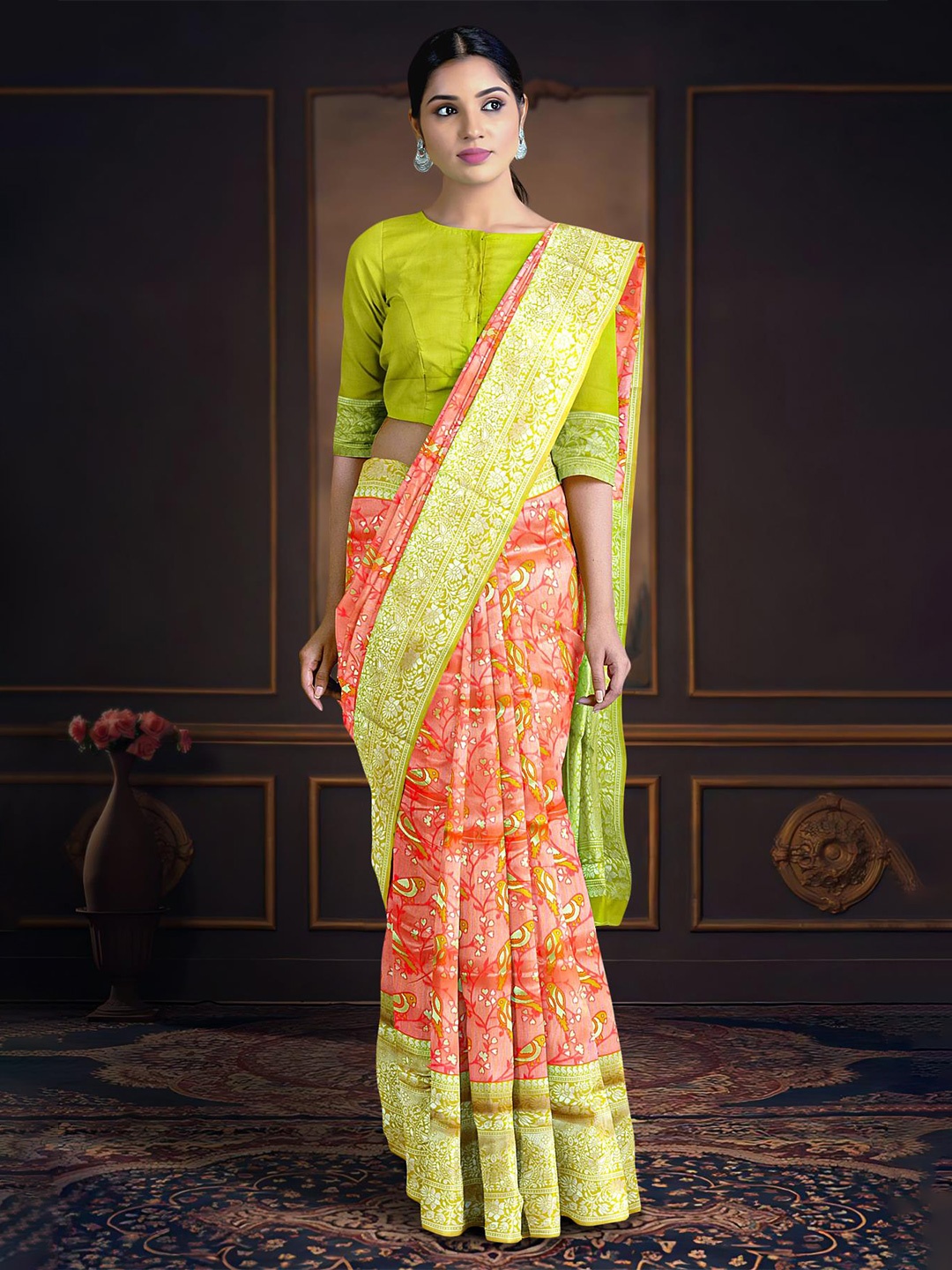 

Kalamandir Woven Design Zari Saree, Coral