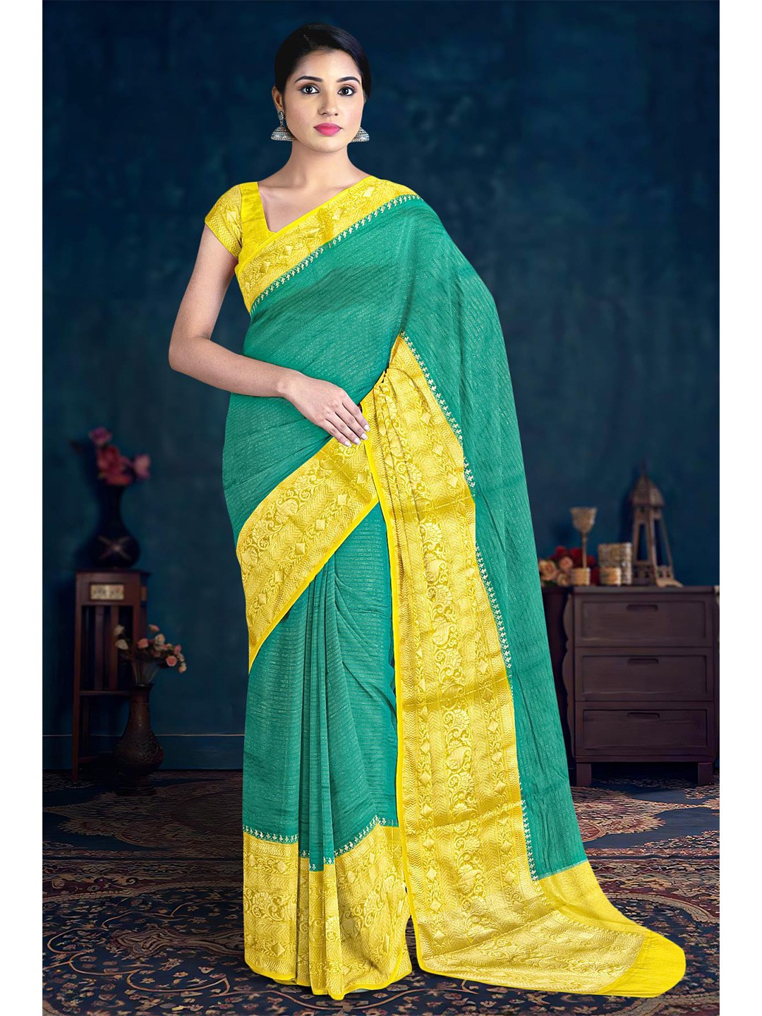 

Kalamandir Striped Zari Saree, Green