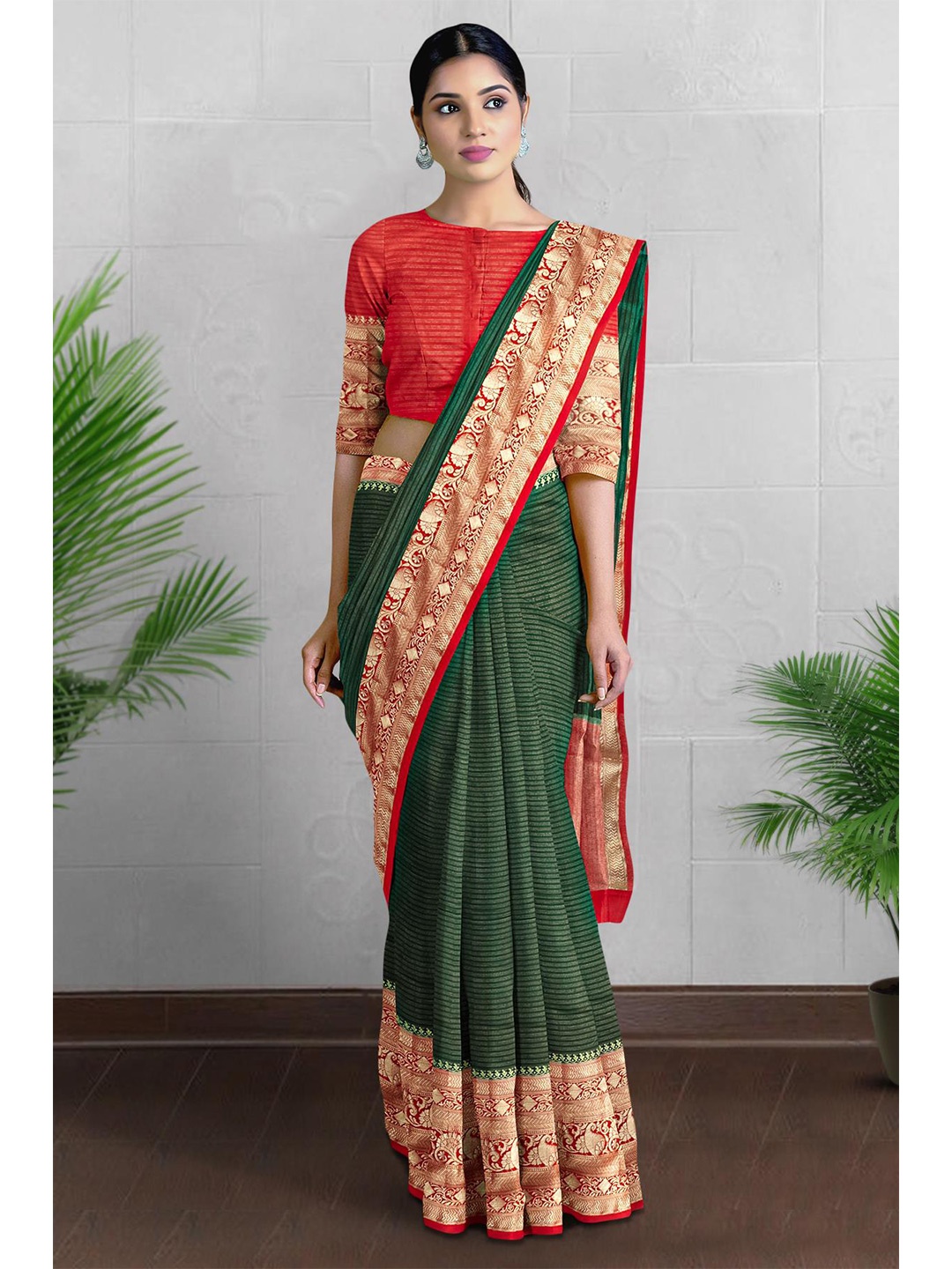 

Kalamandir Striped Zari Silk Blend Saree, Green