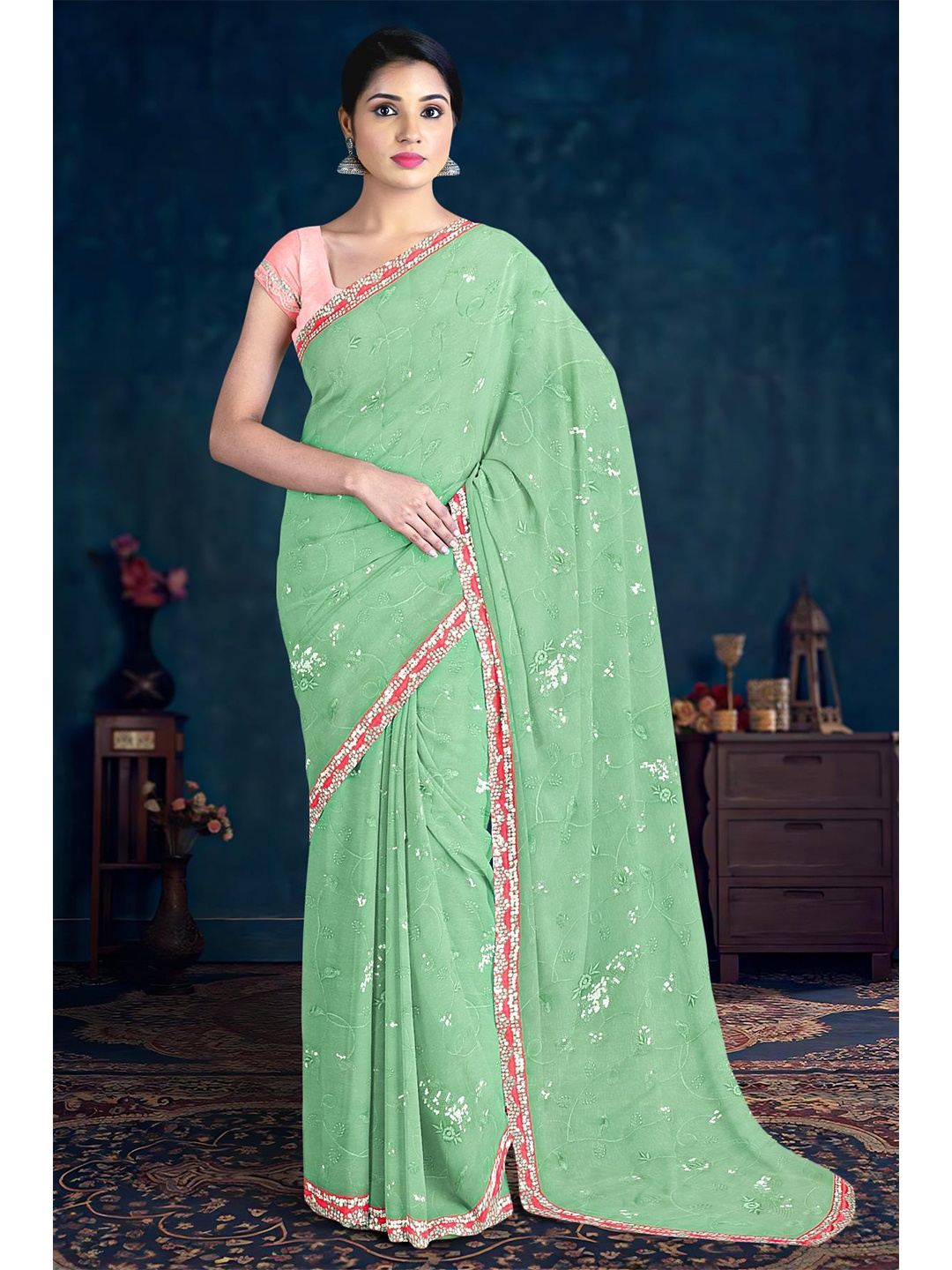 

Kalamandir Floral Embroidered Saree, Green