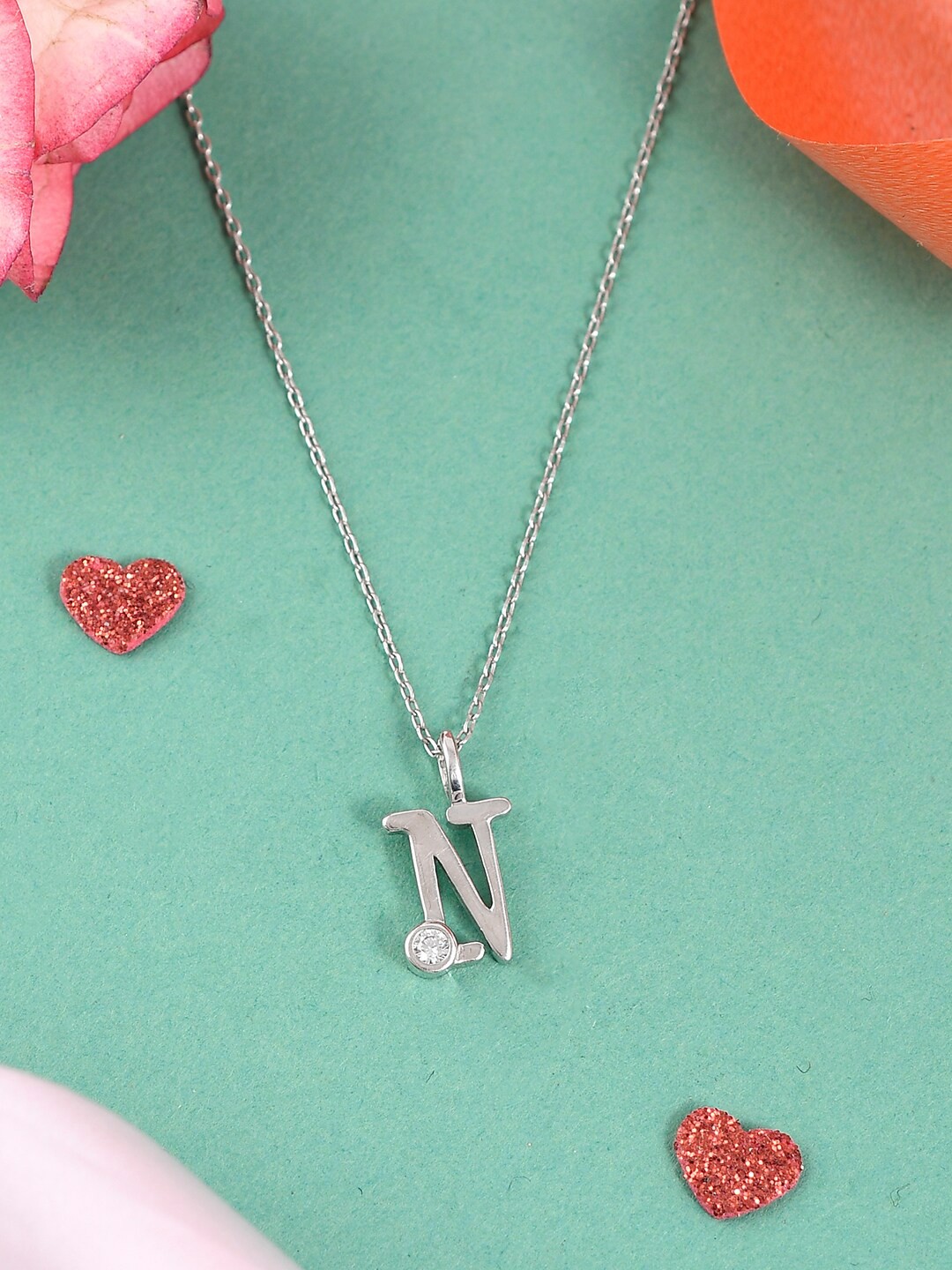 

Studio Voylla 925 Sterling Silver Rhodium-Plated Alphabet N Pendant With Chain