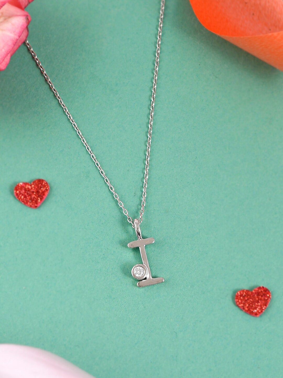 

Studio Voylla Rhodium-Plated CZ Studded Alphabet I Pendant With Link Chain, Silver