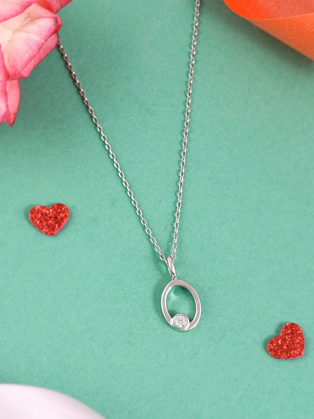

Studio Voylla Sterling Silver Rhodium-Plated CZ-Studded & Alphabet- O Charm Pendant & Chain