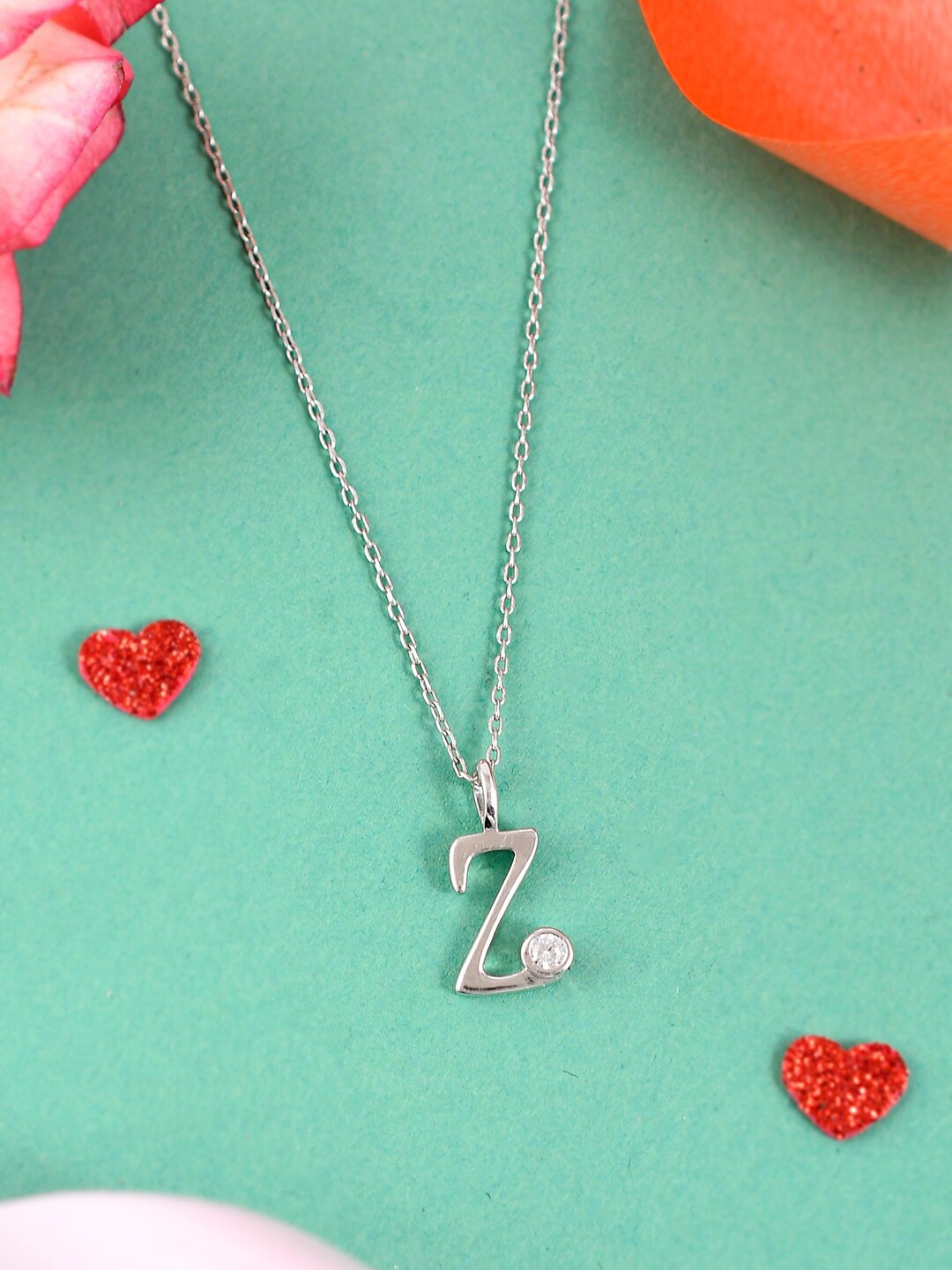 

Studio Voylla Rhodium-Plated CZ-Studded Initial Pendant With Chain, Silver