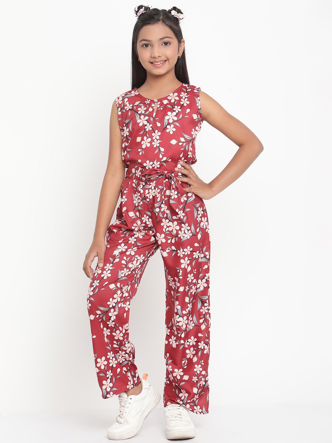

Stuffie Land Girls Floral Printed Basic Jumpsuit, Red