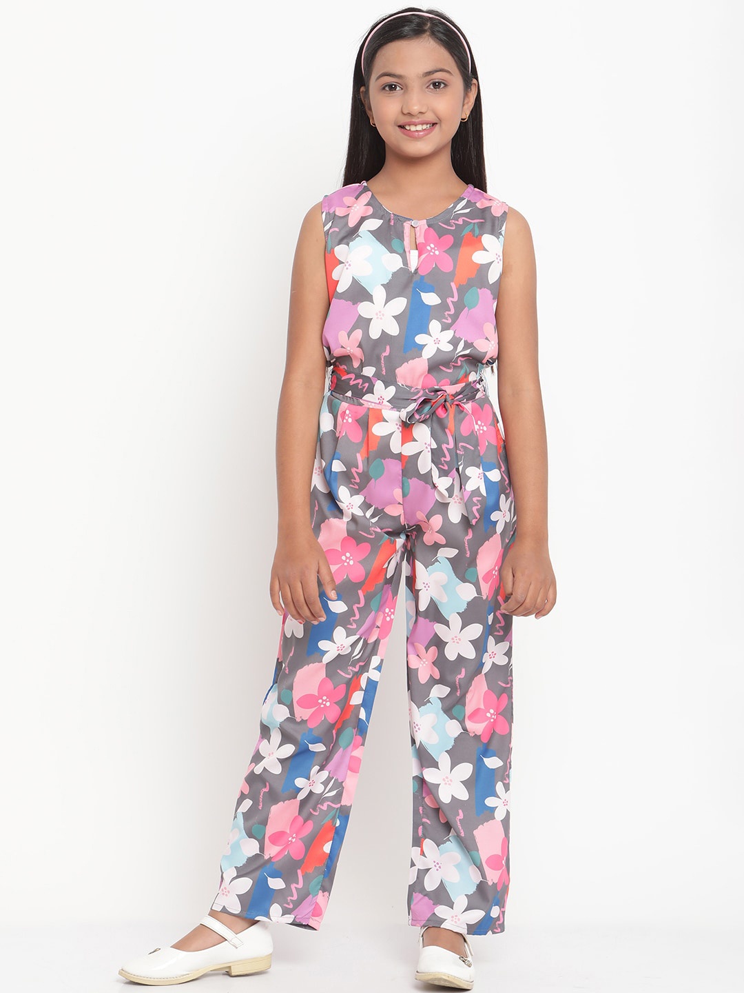 

Stuffie Land Girls Printed Basic Jumpsuit, Grey