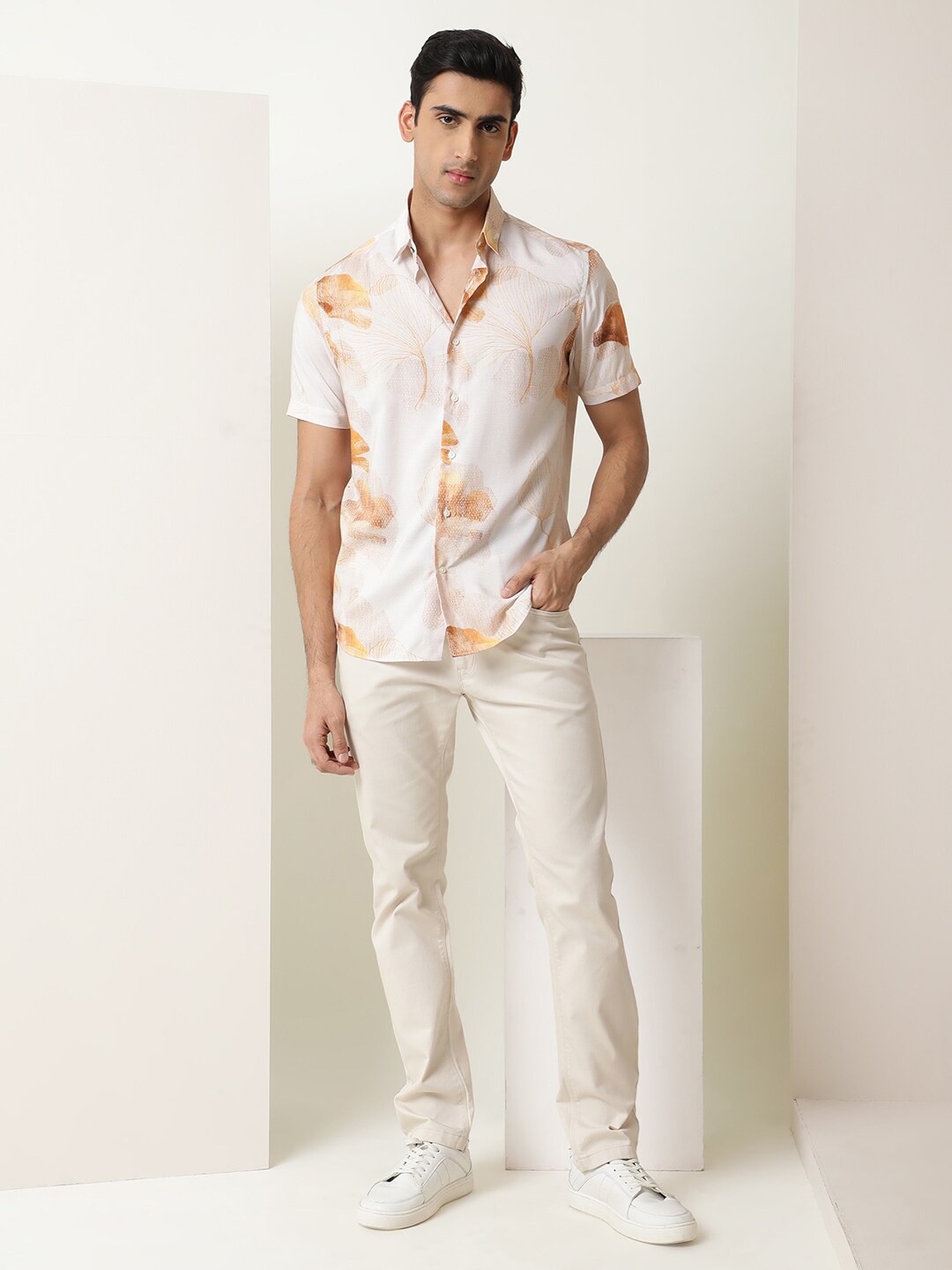 

RARE RABBIT Floral Printed Slim Fit Casual Shirt, Beige