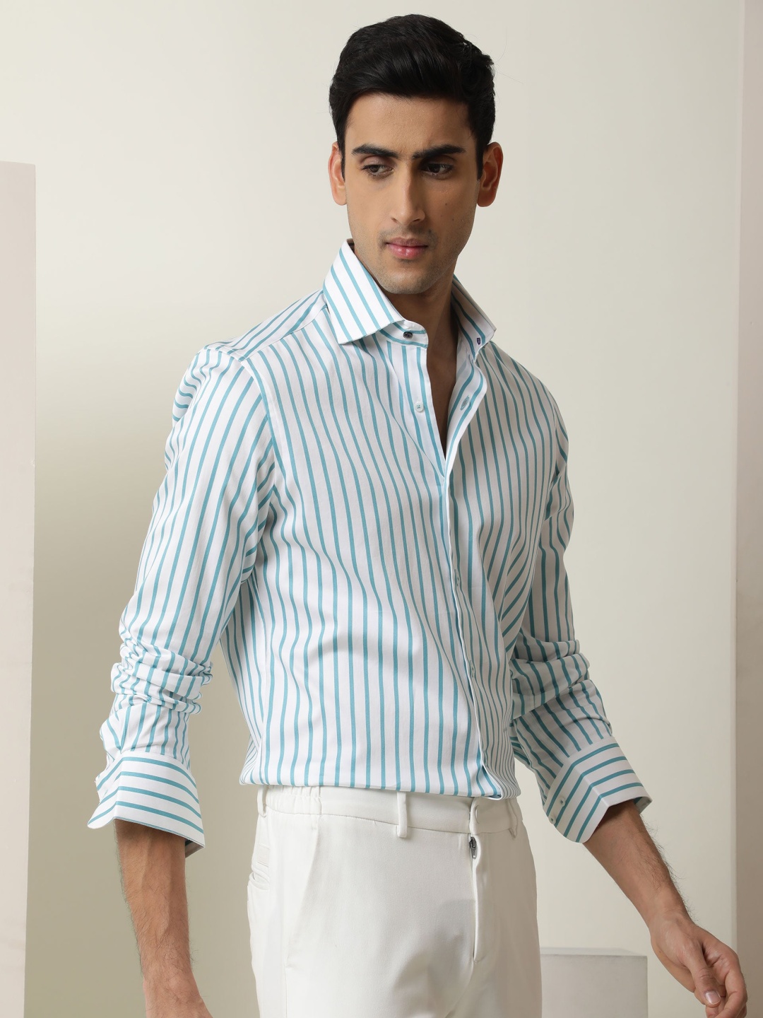 

RARE RABBIT Men Lobo Vertical Striped Slim Fit Shirt, Turquoise blue