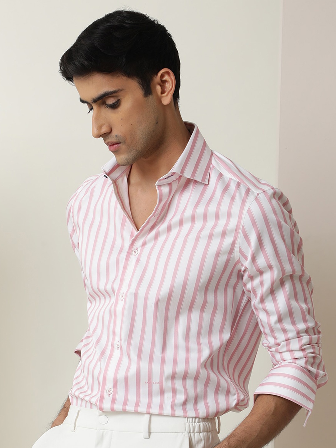 

RARE RABBIT Men Lino Slim Fit Vertical Striped Cotton Shirt, Pink