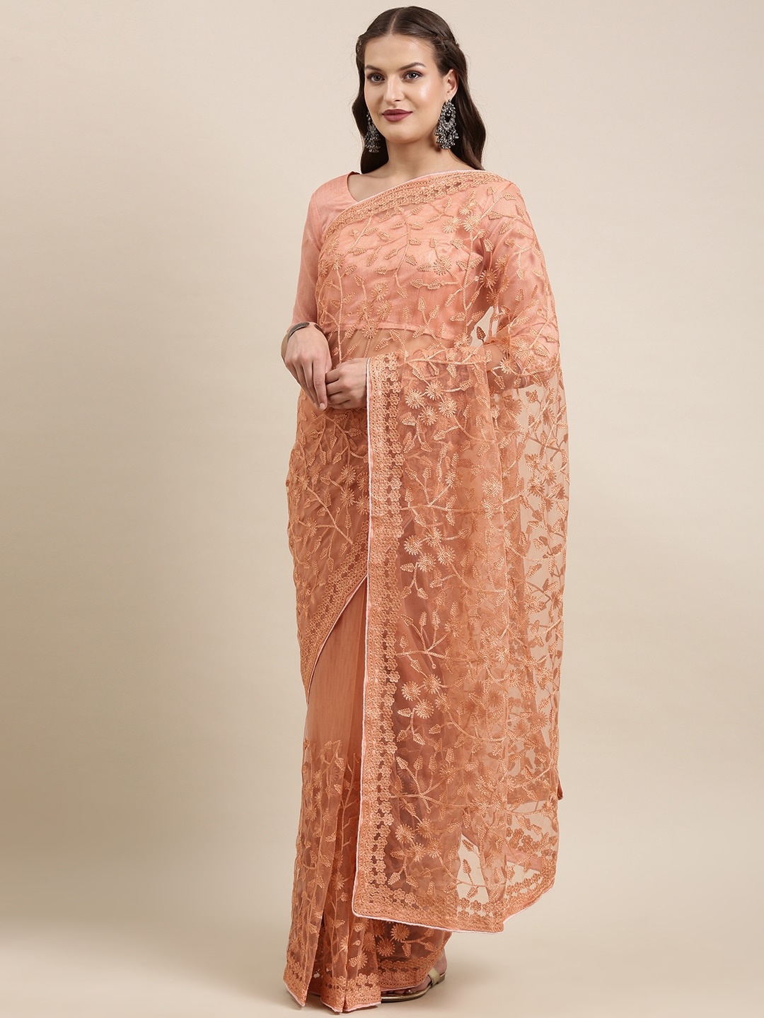 

VAIRAGEE Floral Embroidered Net Saree, Peach