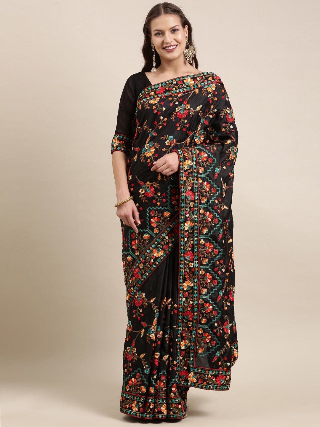 

VAIRAGEE Floral Embroidered Silk Blend Saree, Black