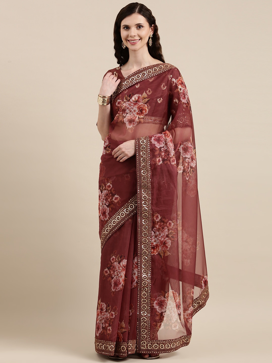 

VAIRAGEE Floral Sequinned Embroidered Organza Saree, Brown