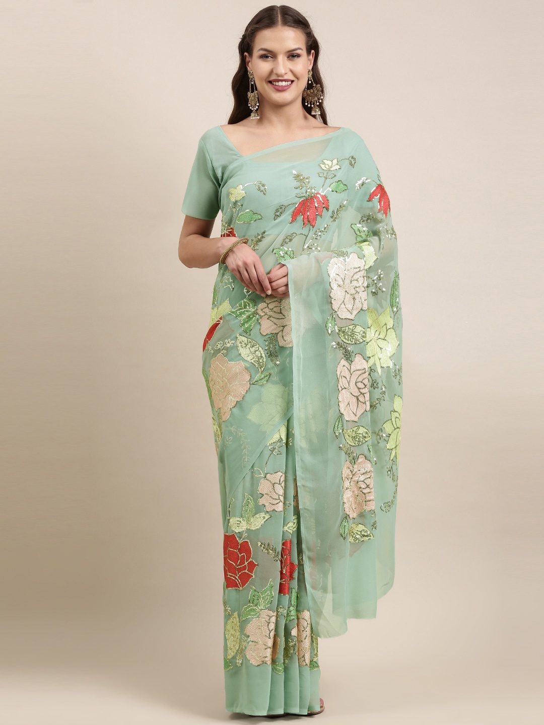 

VAIRAGEE Floral Embroidered Sequined Saree, Green