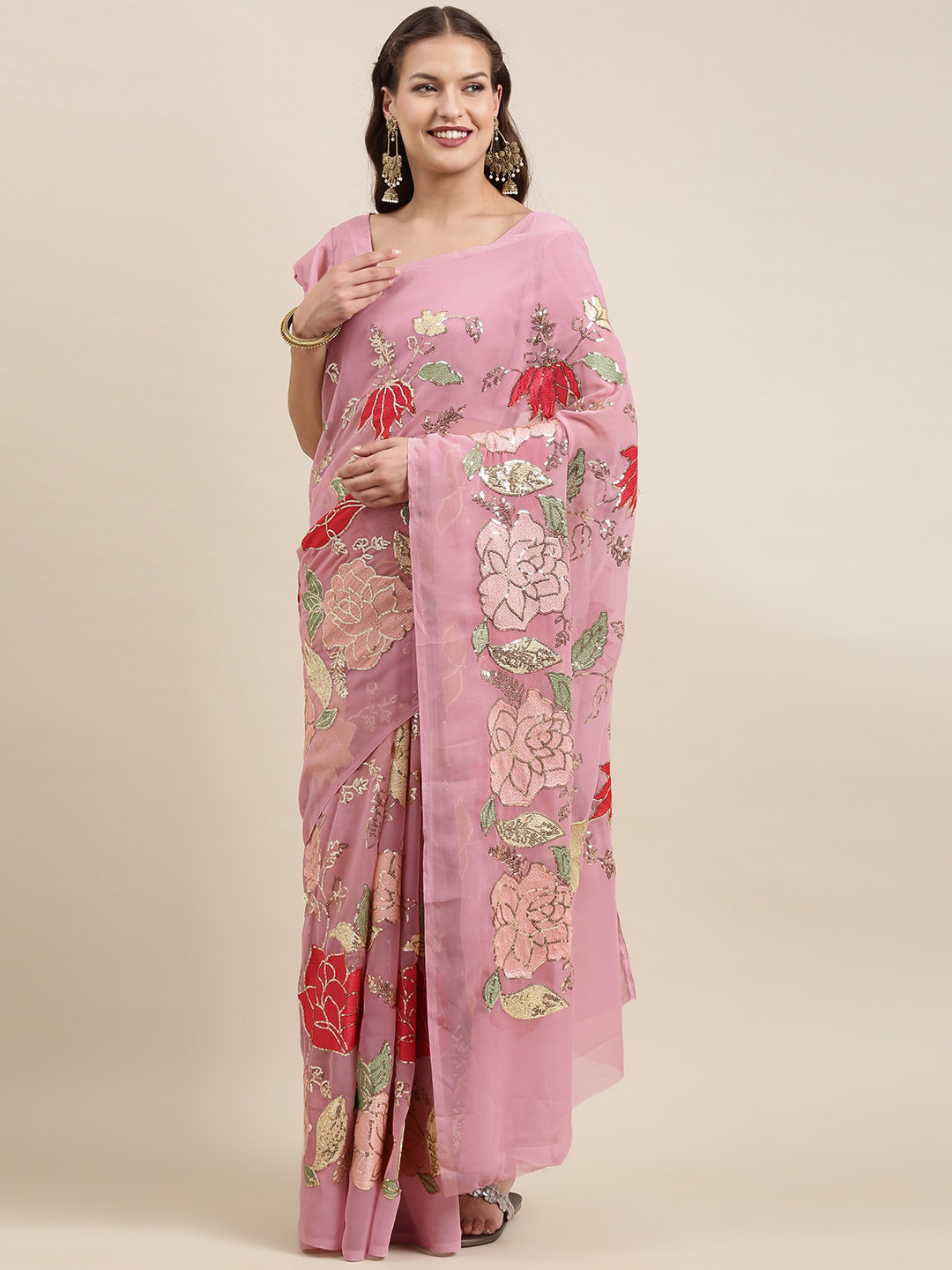 

VAIRAGEE Floral Embroidered Sequined Saree, Pink