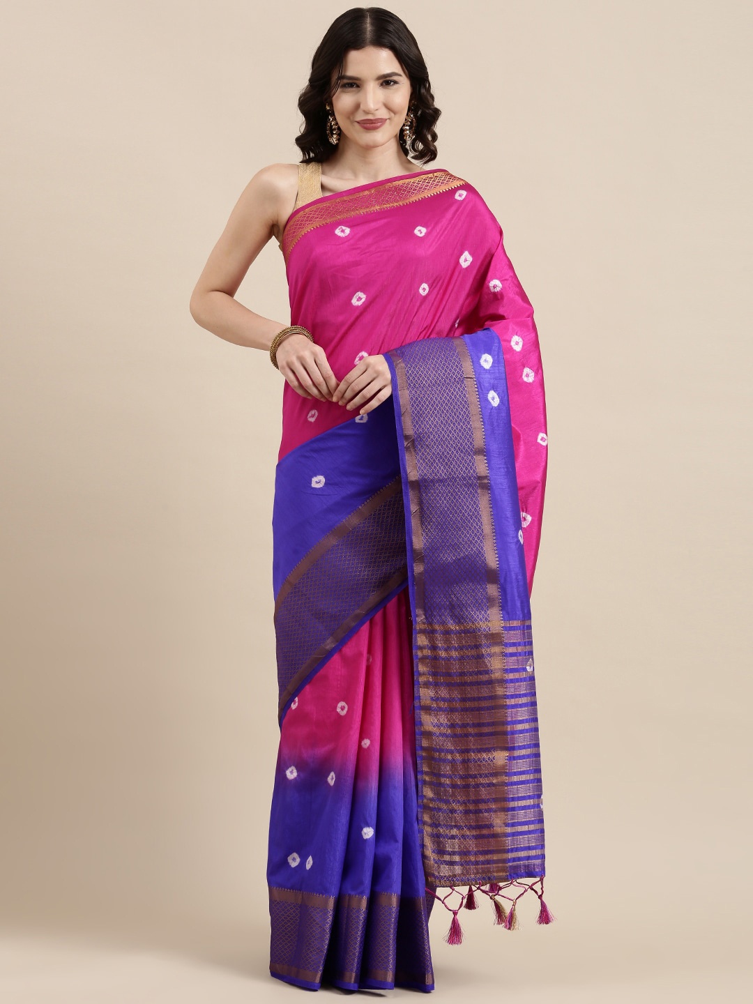 

VAIRAGEE Ombre Bandhani Printed Zari Saree, Pink